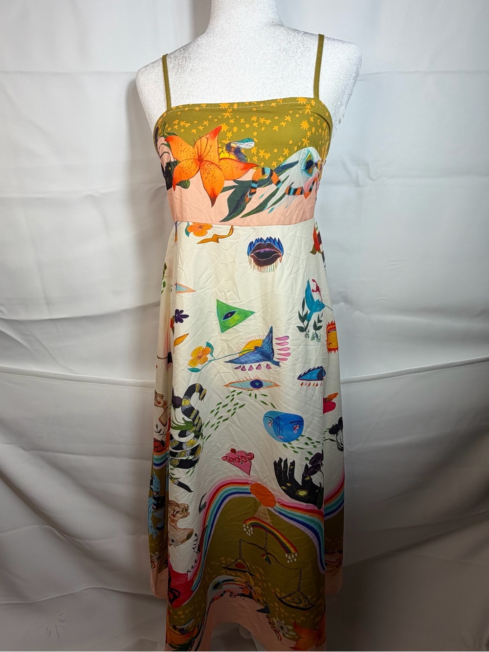 Whimsical Eclectic Multi Graphic Print Boho Artsy Statement Sundress Size Small - Picture 1 of 11